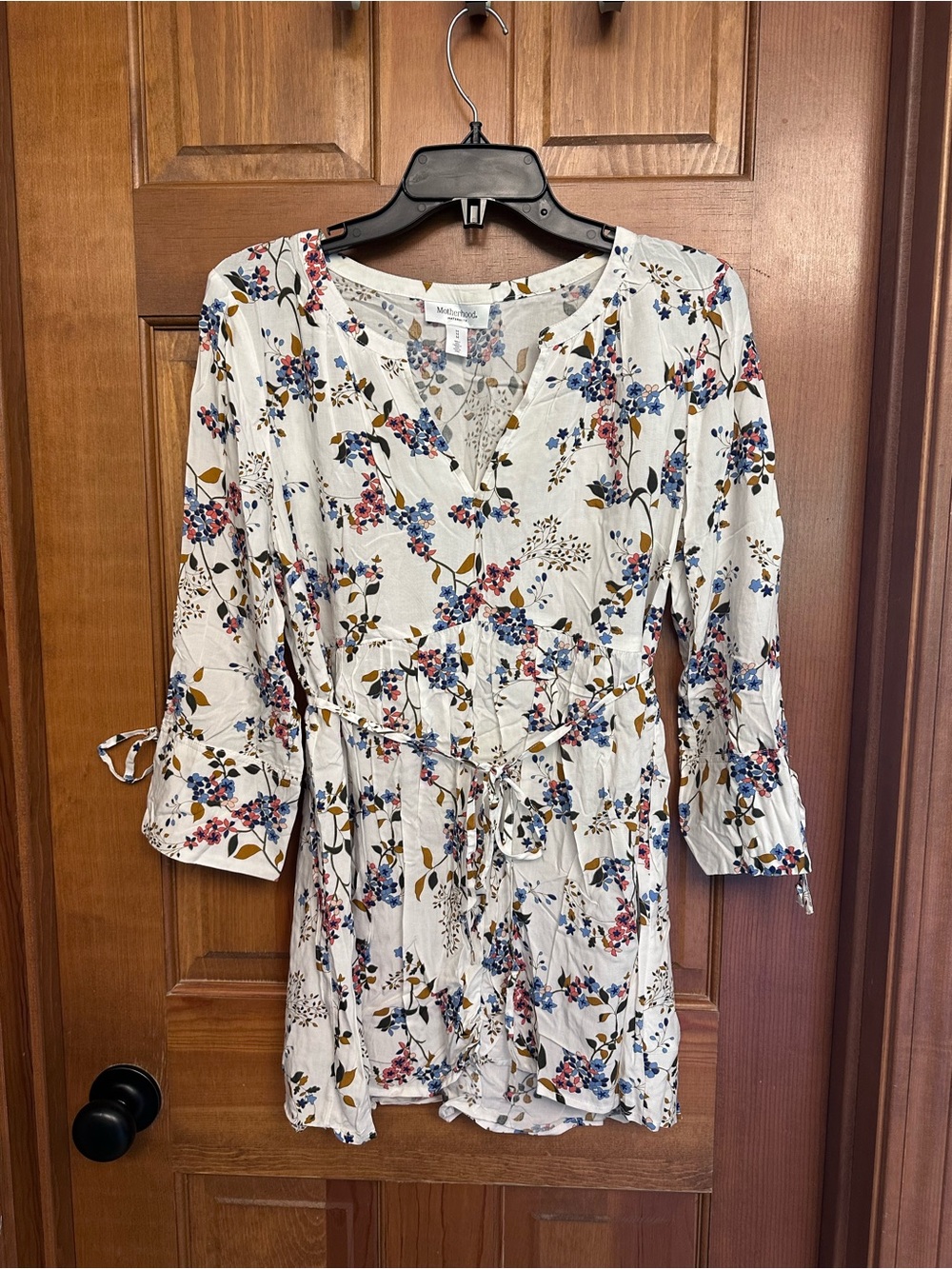 Motherhood Maternity White Floral Tie-Waist Long Sleeve Tunic Dress Size M